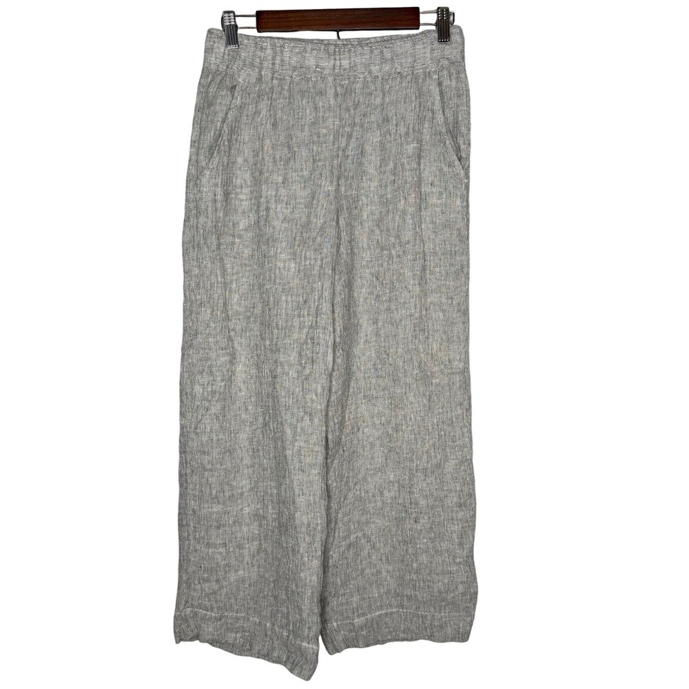 Tahari 100% Linen Wide Leg Crop Pants Small Gauzy Textured Pull On Pockets‎ Gray
